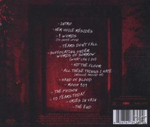 Ein rotes CD-Cover mit weißem Text, einschließlich Songtiteln. Dunkler Hintergrund.