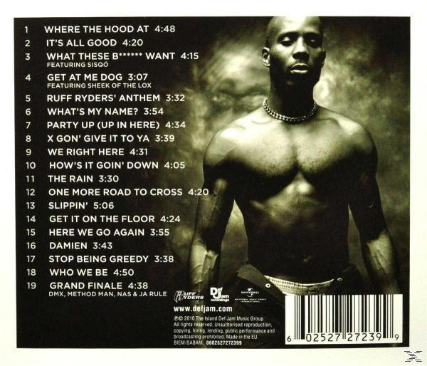 De achterkant van een DMX cd met een tracklist en een man zonder shirt. Een barcode rechtsonder.