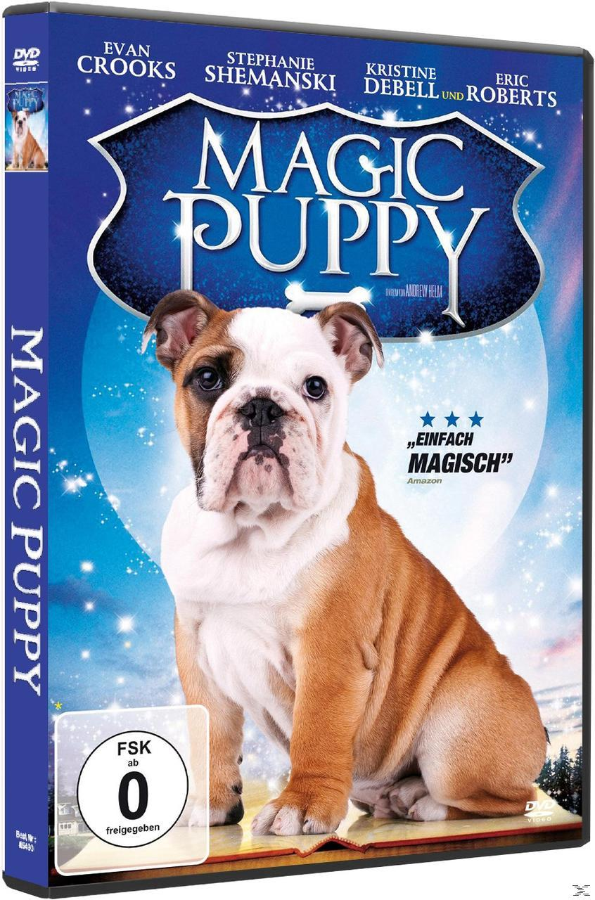 DVD-Cover mit einem Bulldoggen-Welpen und einer Frau auf weißem Hintergrund. Der Titel ist Magic Puppy.