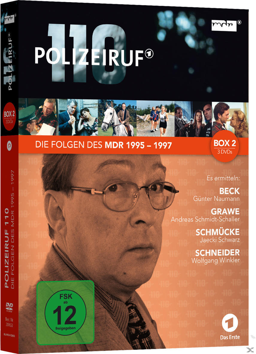 DVD-Cover: Ein Mann mit Brille, der besorgt aussieht. Text 'Polizeiruf 110' und 'Die Folgen des MDR 1995-1997'