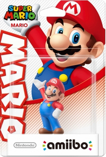 Mario-Figur in der Verpackung. Mario trägt einen roten Hut und blaue Latzhose. Nintendo Amiibo-Logo.