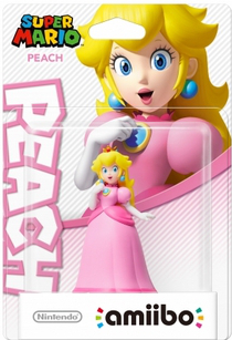 Peach-Figur in Verpackung, mit einem größeren Peach-Bild. Das Wort PEACH steht links.