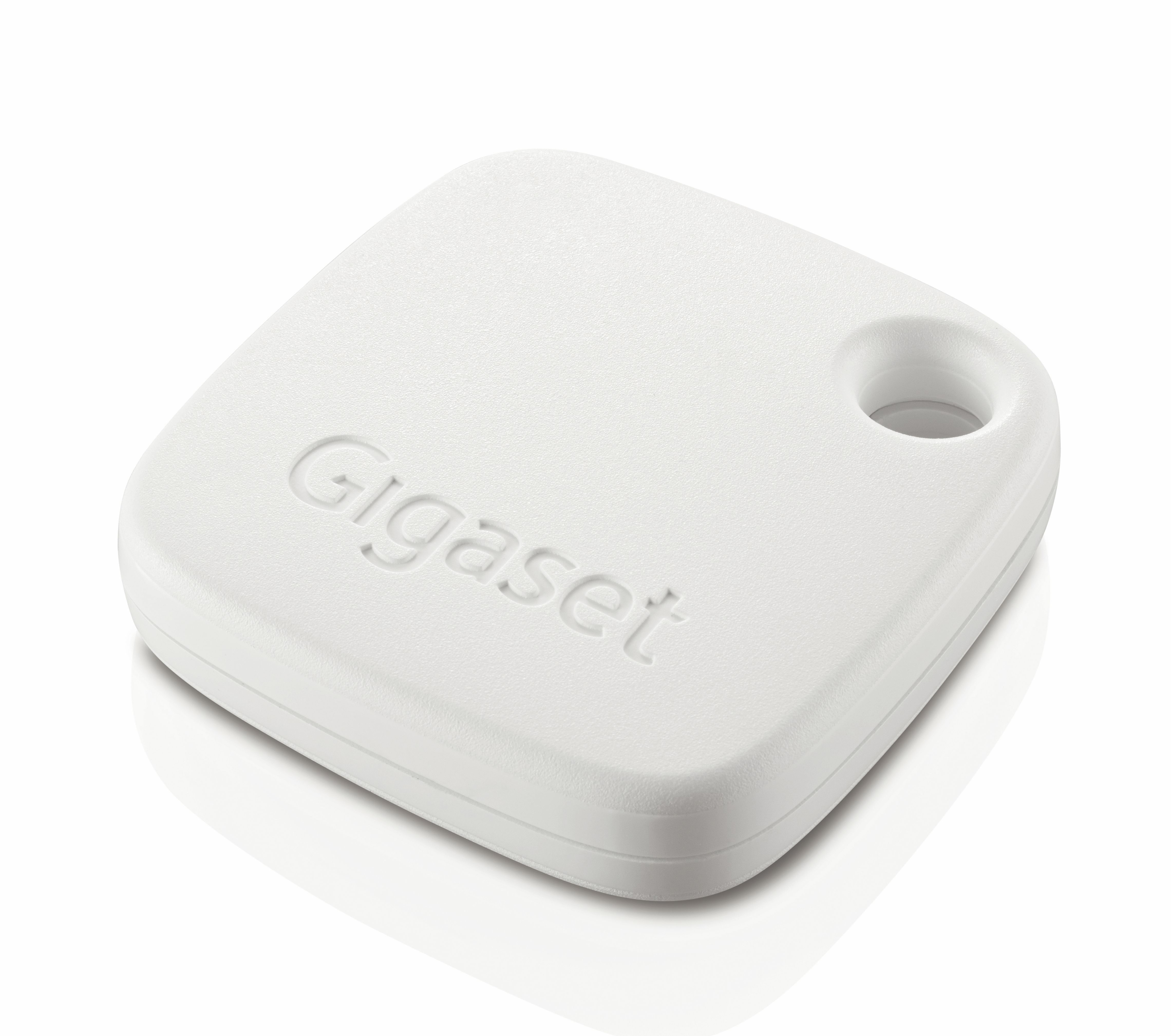 Ein weißer quadratischer Gigaset-Keyfinder mit Loch und geprägtem Gigaset-Logo.