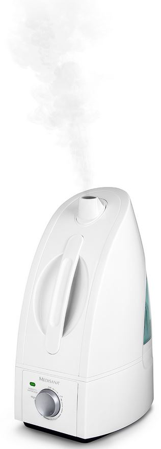 Humidificateur blanc avec poignée, bouton et vapeur. Fond blanc avec une lumière verte.