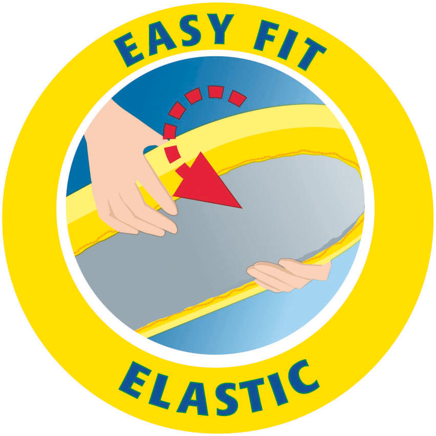 Ein gelber Kreis hat die Worte „Easy Fit Elastic“ mit einer Hand, die den Gummi zeigt.