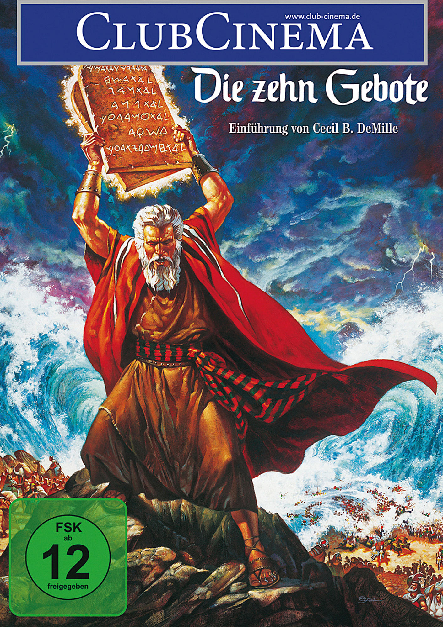 DVD-Cover: Club Cinema Die zehn Gebote. Moses hält Tafeln. Text auf Deutsch.
