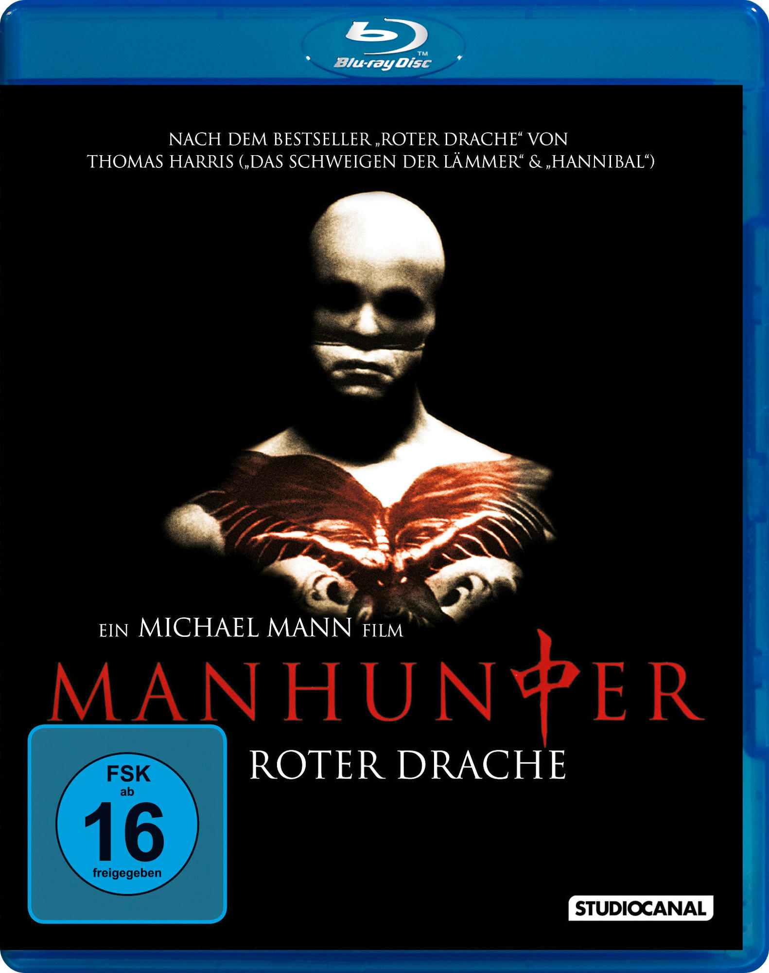 Ein Blu-ray-Filmcover mit dem Gesicht eines Mannes und einem roten Design mit dem Titel 'Manhunter'.