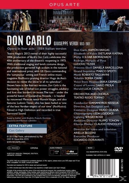 DVD-Hülle für die Oper Don Carlo. Enthält Besetzung und Credits. Hintergrund zeigt Bühnenbilder.