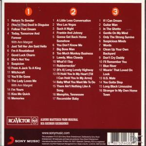 Die Rückseite einer CD-Hülle mit drei Spalten, in denen Songs und Interpreten aufgeführt sind. Roter Hintergrund.