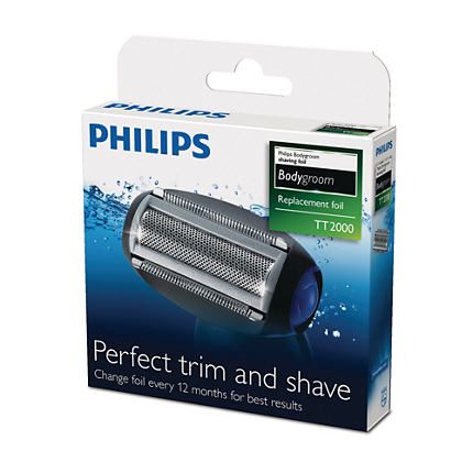 Philips Bodygroom foil replacement box. Product and brand name on a blue background.