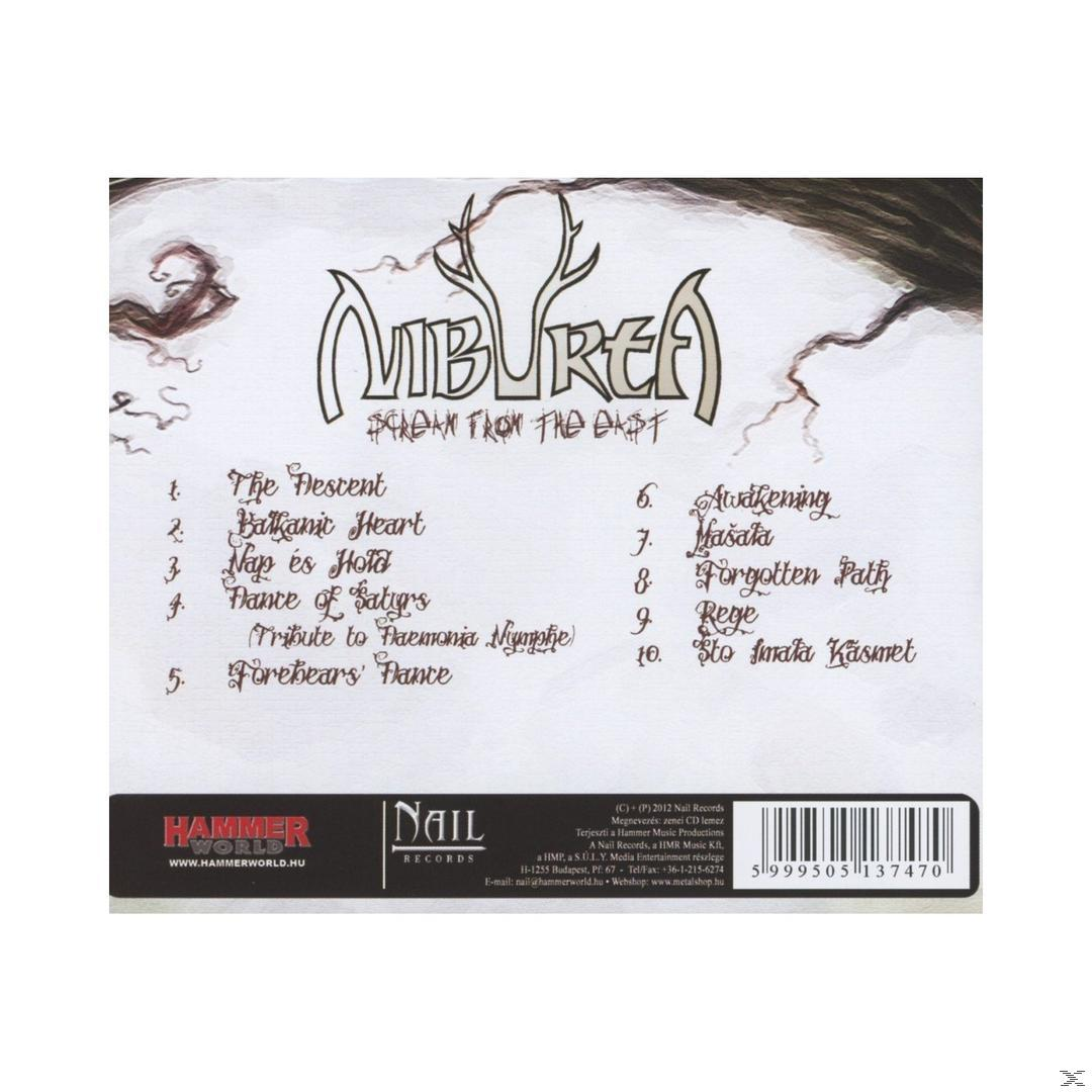 Nibura - Scorn From The Dust album borítója. Számlista fehér háttérrel és egy szarvas.