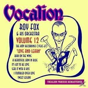 Albumcover: Vocalion, Roy Fox & His Orchestra. Cartoonkunst mit Instrumenten. Gelber Hintergrund.