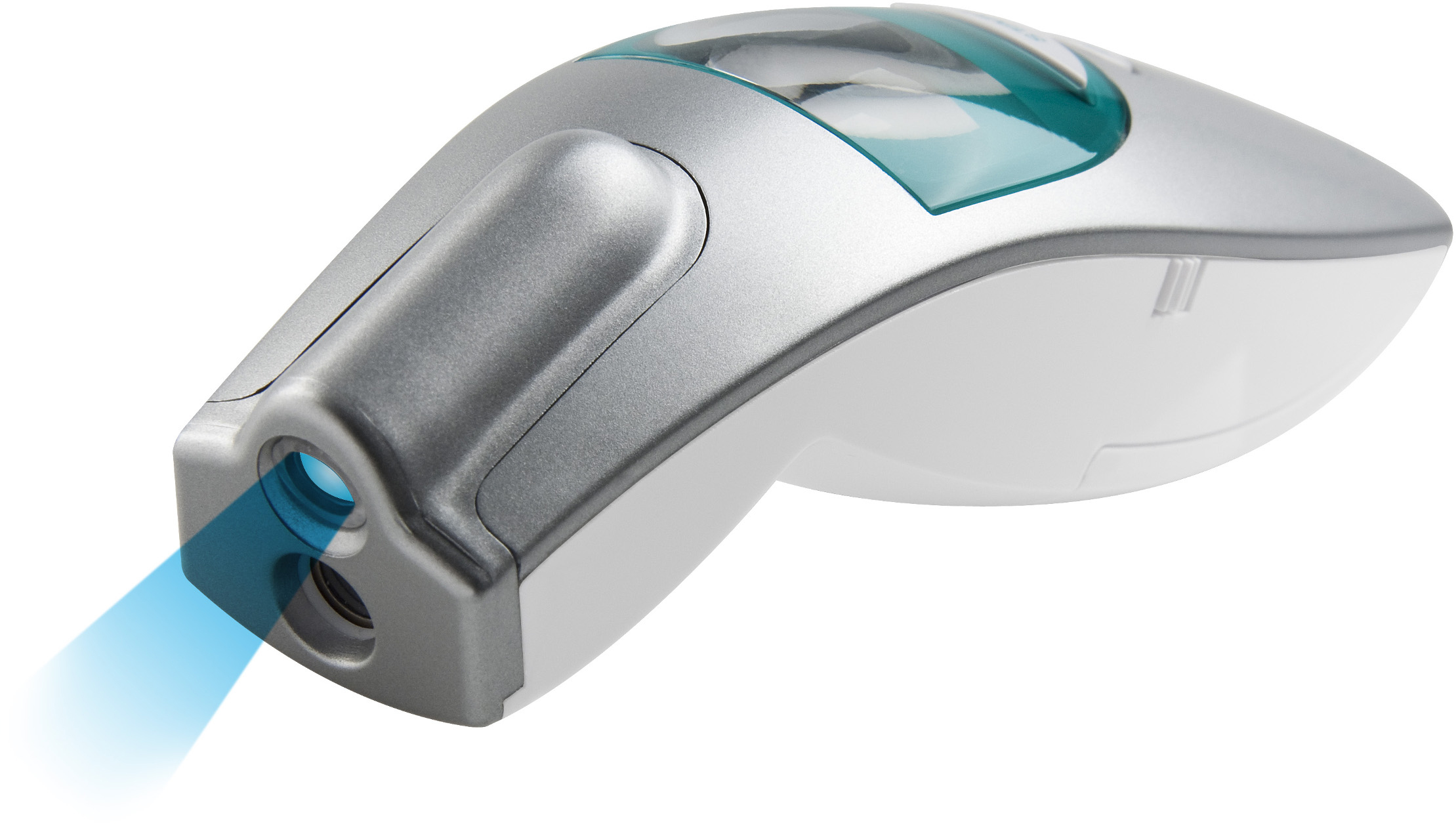 Ein silbernes und weißes medizinisches Gerät mit blauem Licht. Es hat einen Laserstrahl, der projiziert wird.