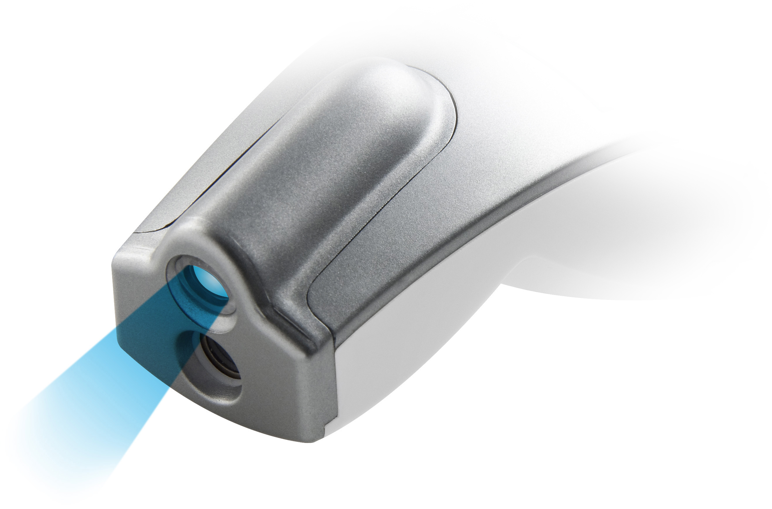 Laserpointer. Silber und weiß, emittiert einen blauen Laserstrahl. Der Laser zeigt nach rechts.