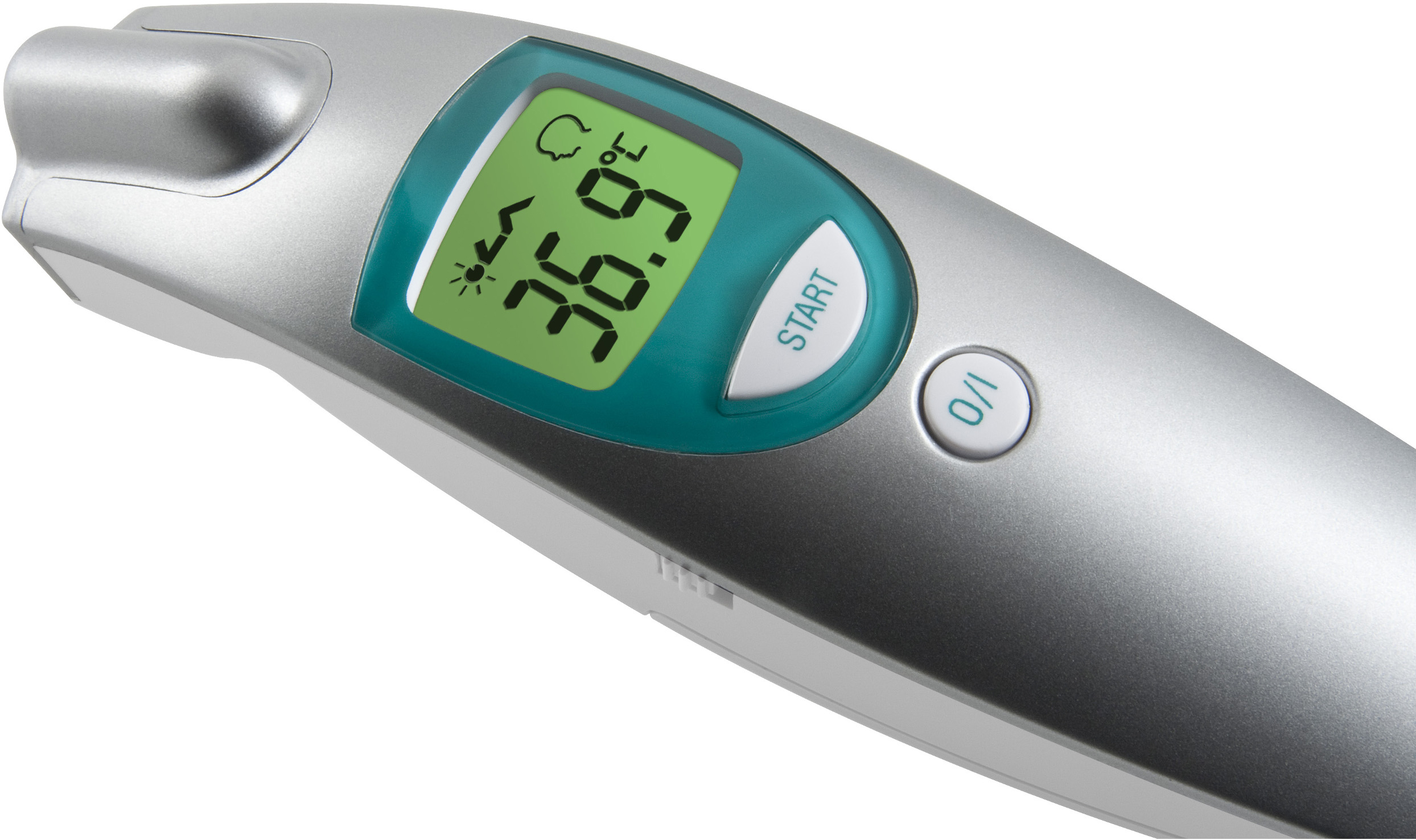 Digitales Thermometer zeigt 36,9 Grad an. Der Bildschirm ist grün, das Gerät silber.