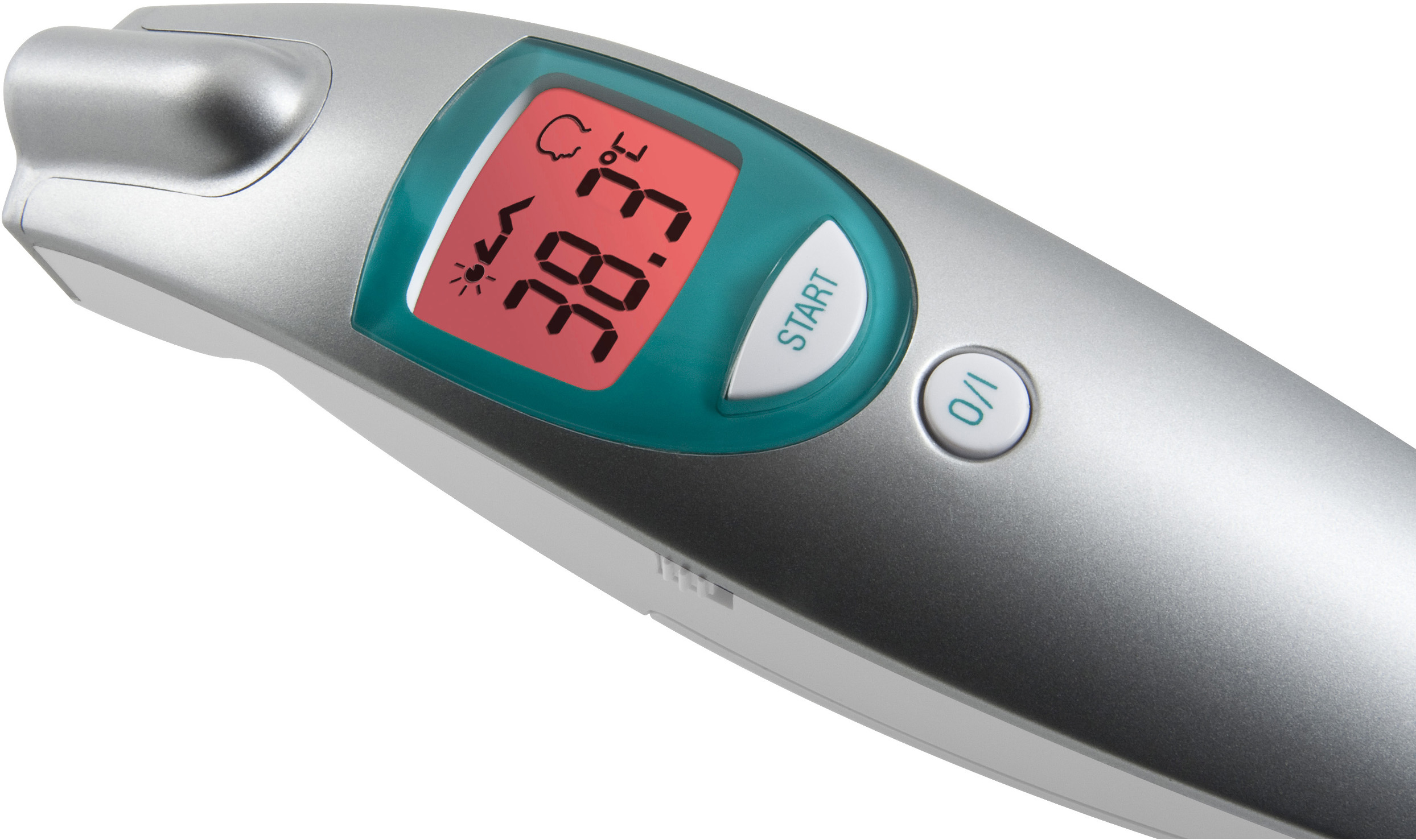 Silbernes und blaugrünes digitales Thermometer mit roter Anzeige von 38,7 Grad Celsius.