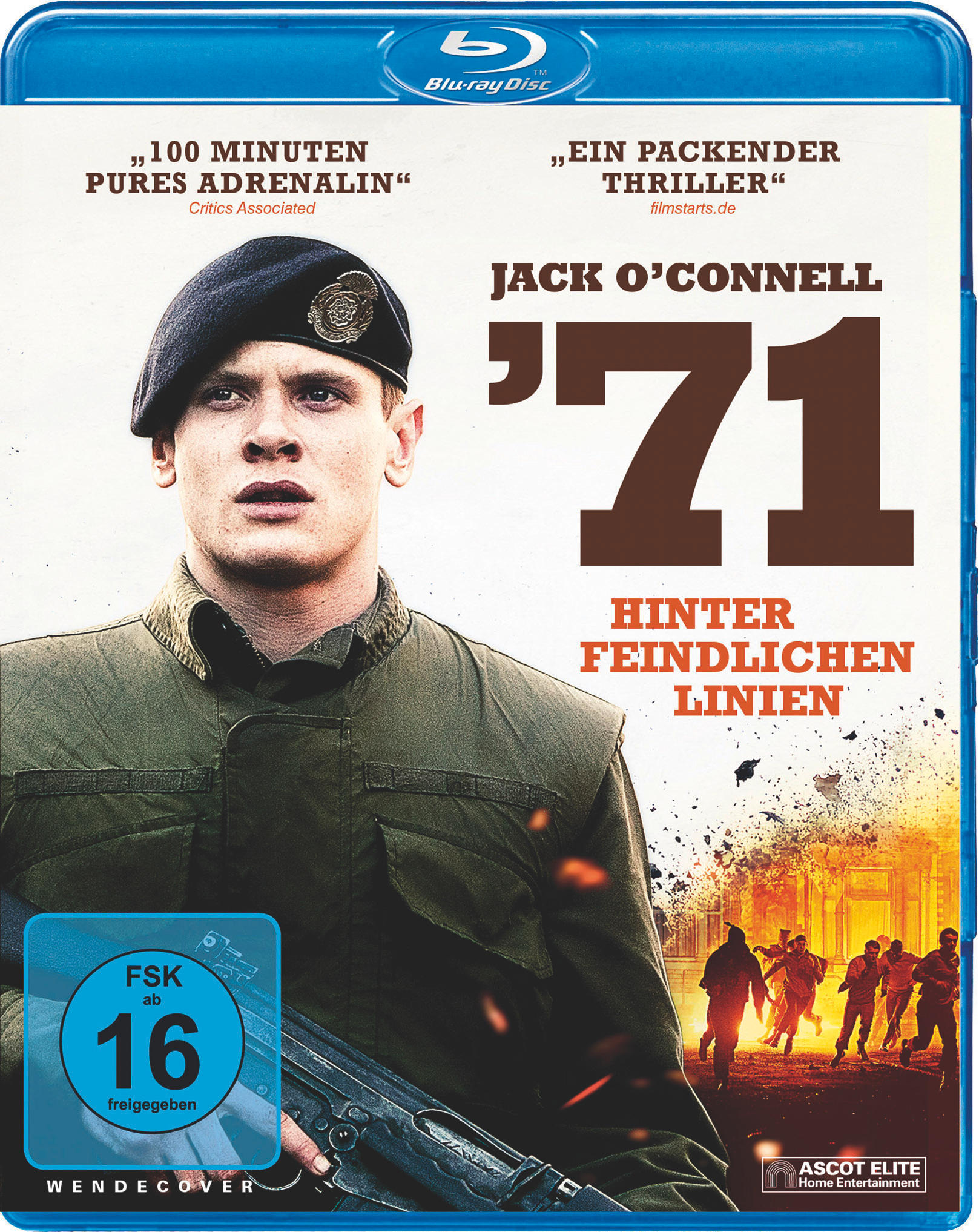 Blu-ray-Cover für '71. Mann in Uniform, ernster Ausdruck. Actionszene im Hintergrund.