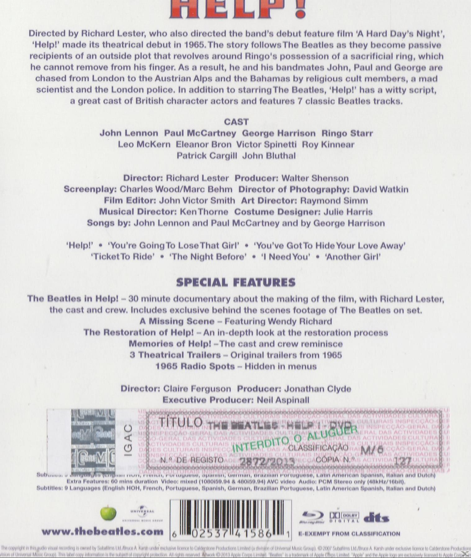 Rückseite der Help!-DVD-Hülle mit Text, der den Inhalt, die Besetzung und die Sonderausstattung des Films beschreibt.