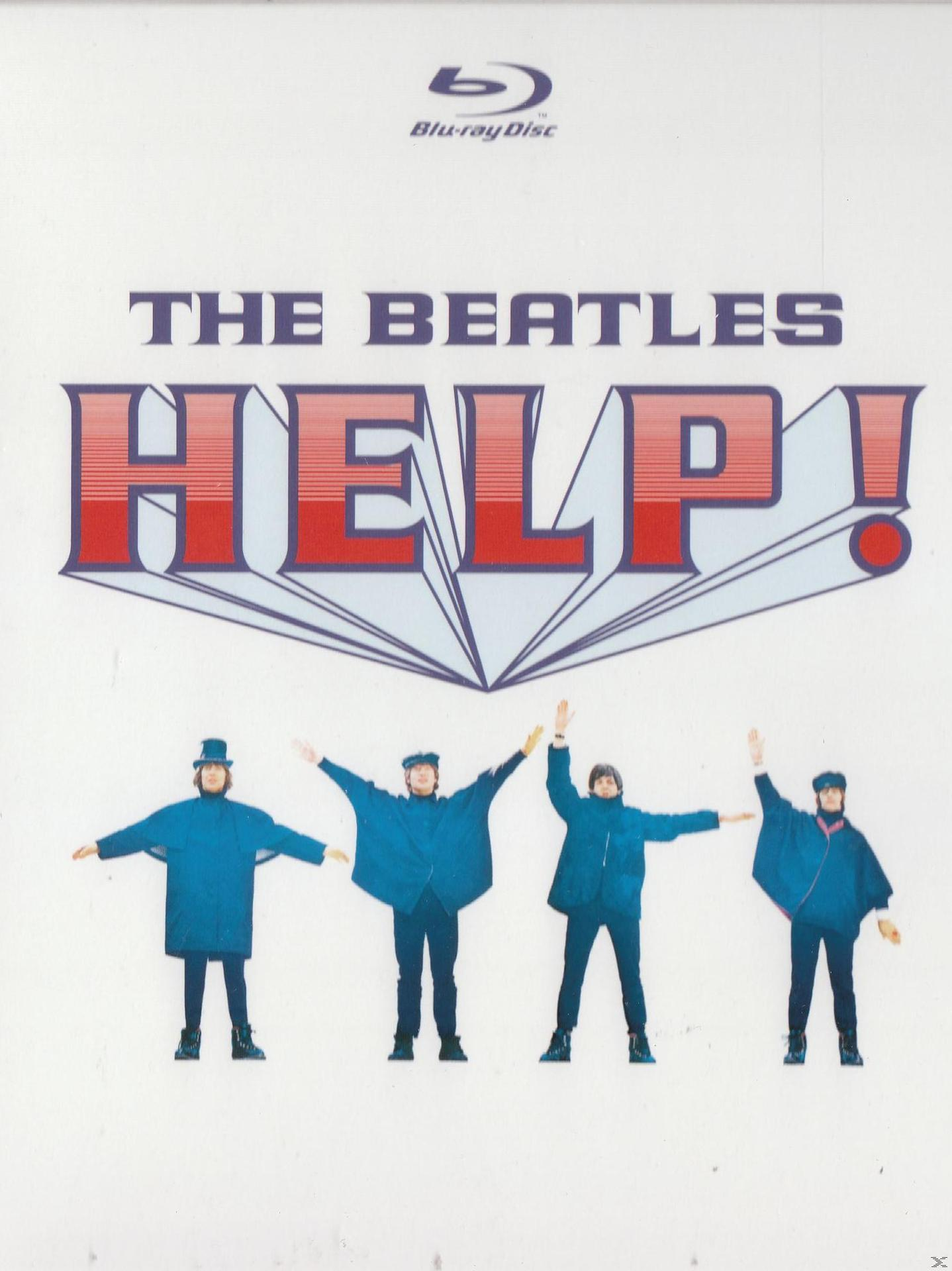 Blu-ray-Cover für 'Help!' mit den Beatles in blauen Outfits, Arme erhoben. Weißer Hintergrund mit Text.