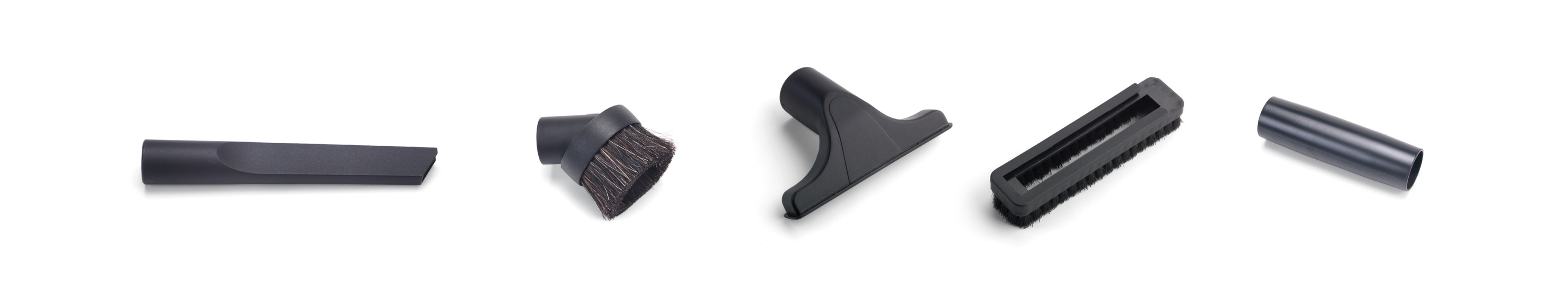Vacuum cleaner attachments: crevice tool, brush, nozzle, brush head, extension.