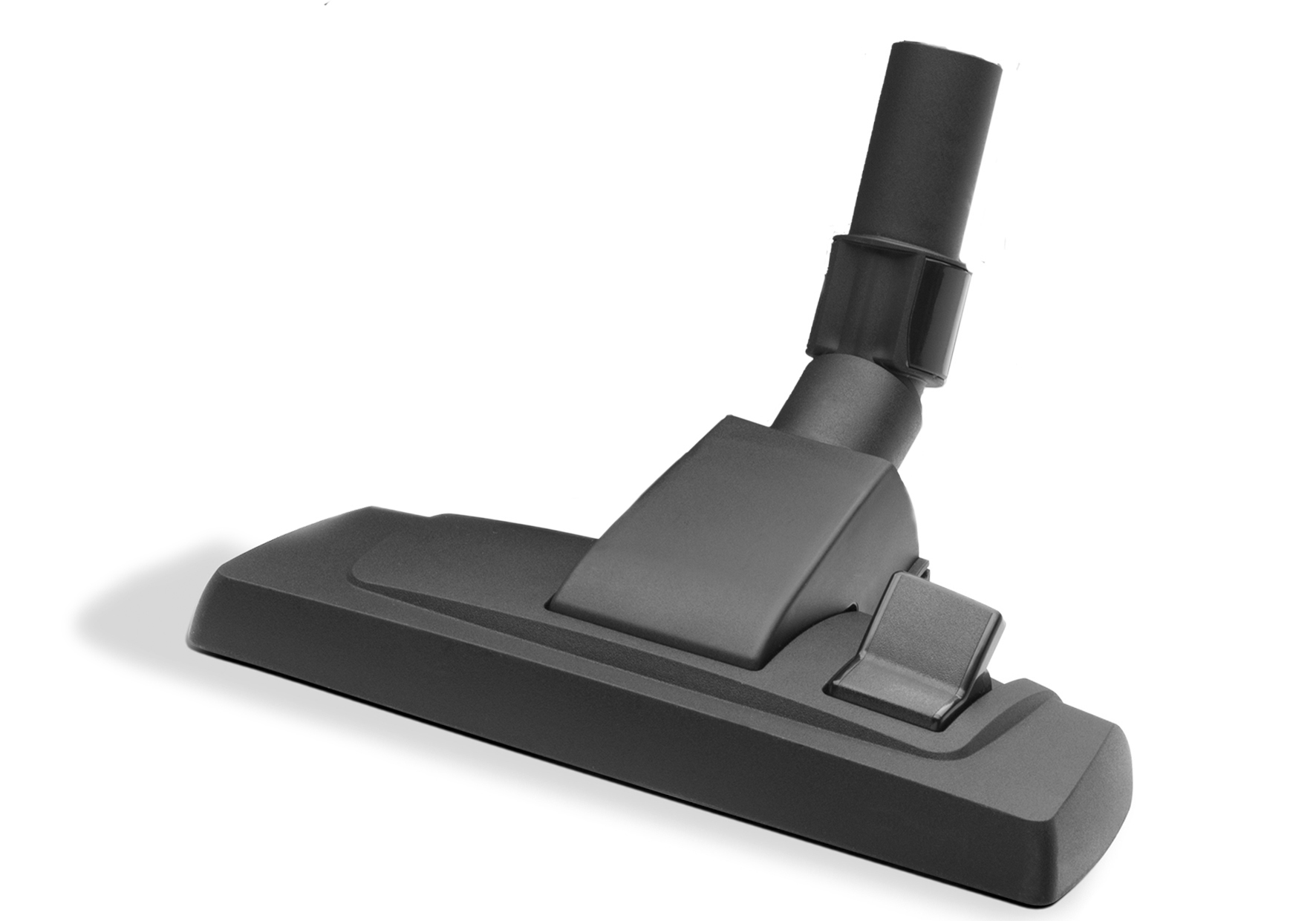 Black vacuum cleaner head on a white background. The head is angled towards the viewer.