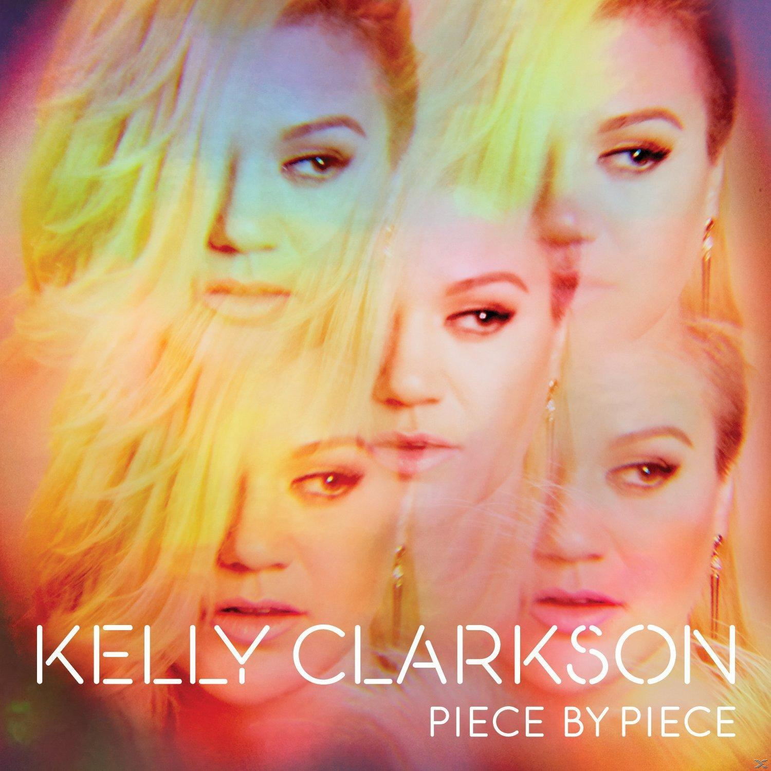 Albumhoes met meerdere afbeeldingen van Kelly Clarksons gezicht, met de titel 'Piece by Piece'.