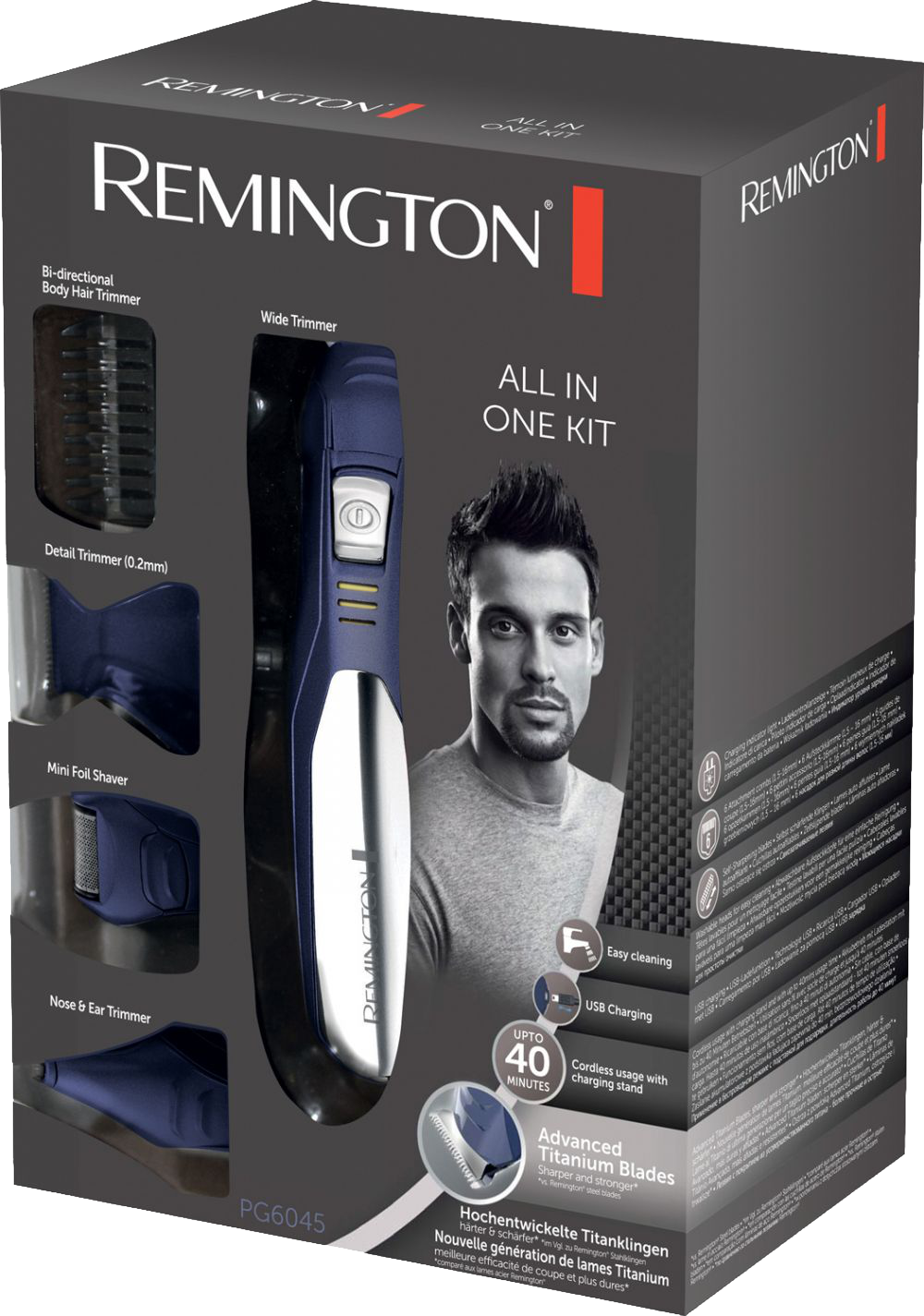 Egy Remington all-in-one ápolókészlet doboza, a PG6045 termékkel és modellszámmal.