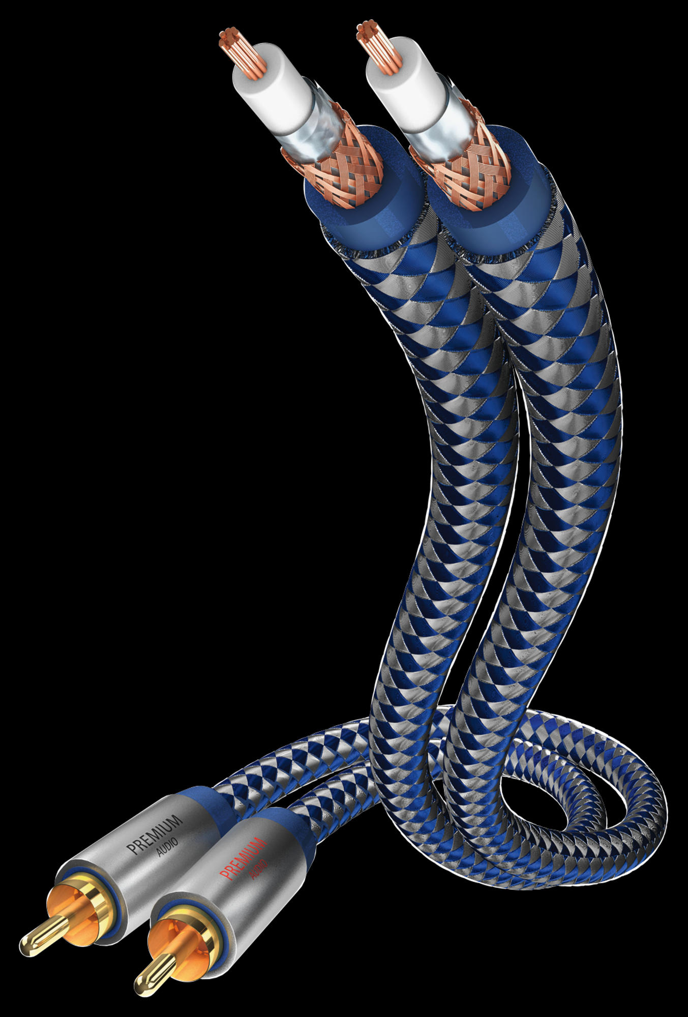 Zwei hochwertige Audiokabel. Blaues und silbernes geflochtenes Design, schwarzer Hintergrund.