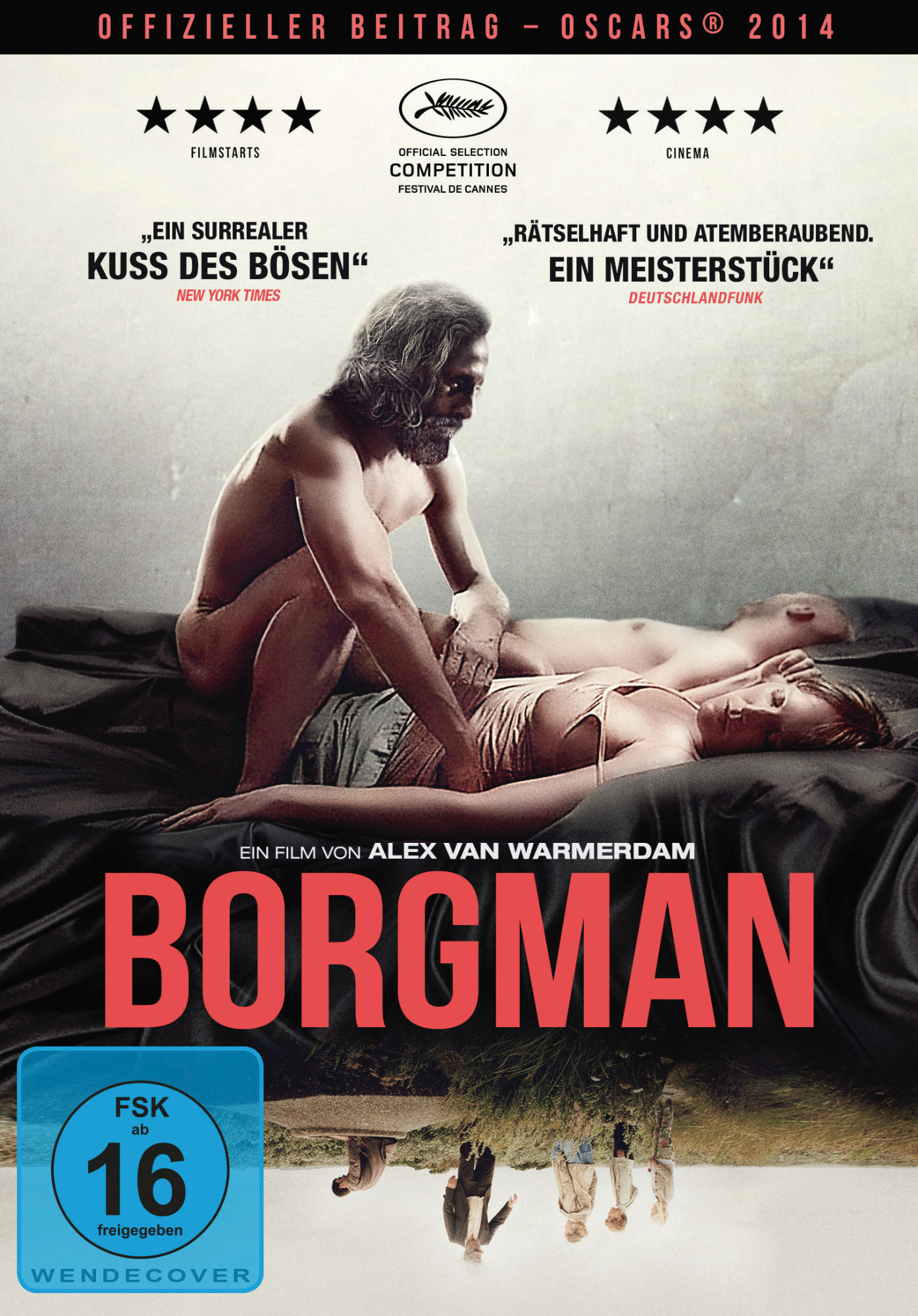 Ein Filmplakat mit einem Mann und einer Frau auf einem Bett, mit einem anderen Mann, der steht, mit deutschem Text.