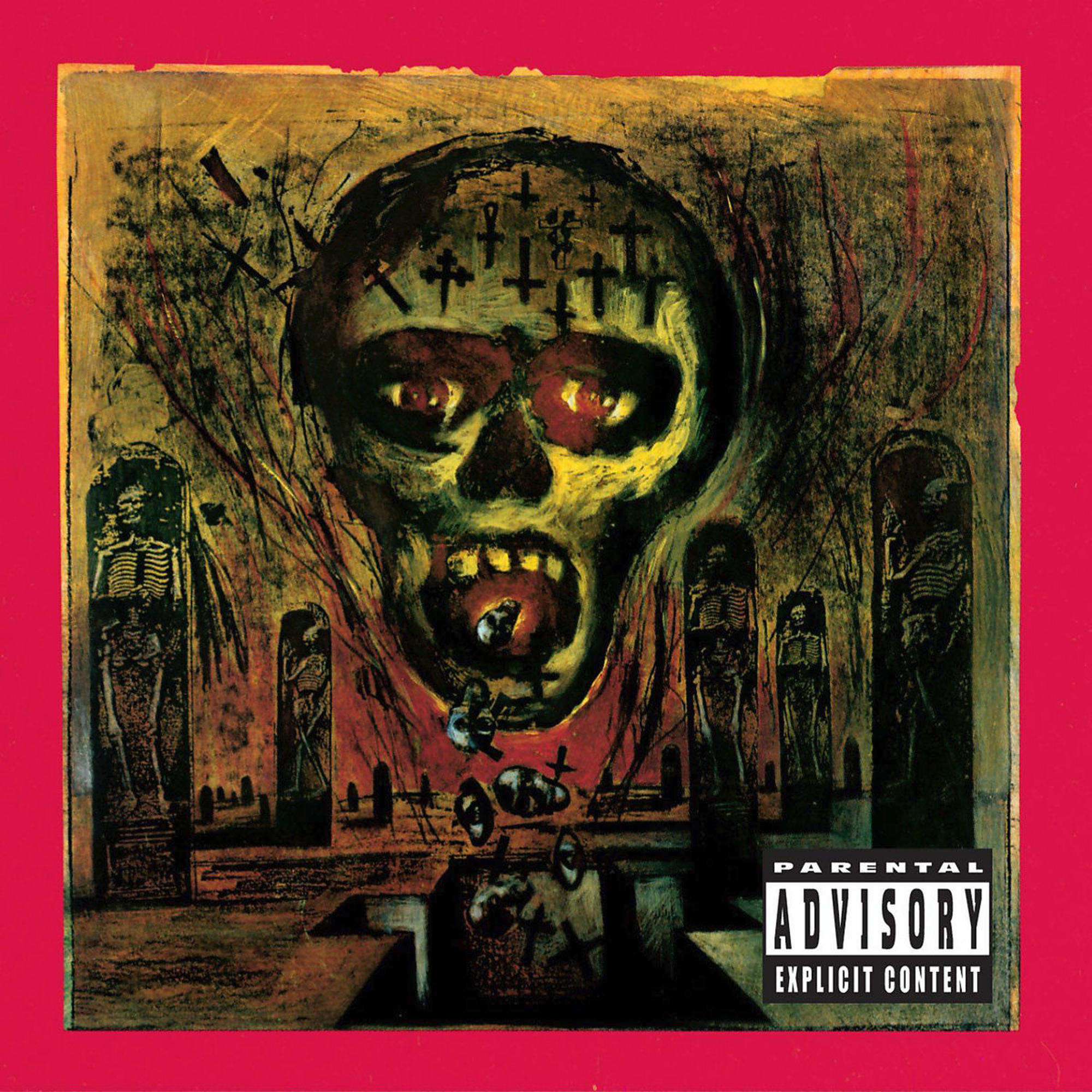 Albumcover mit einem Totenkopf und einer Friedhofszene. Parental Advisory Warnung.