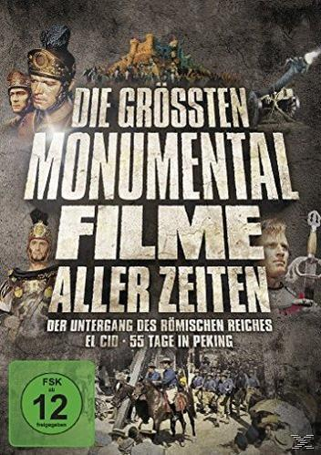 DVD-Cover mit Text auf Deutsch. Bilder von Männern in römischer Kleidung. Text lautet: DIE GROSSTEN MONUMENTAL FILME ALLER ZEITEN.