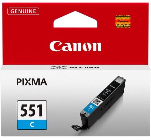 Cartouche d'encre Canon PIXMA 551 C. Emballage rouge et blanc. Cartouche cyan visible.