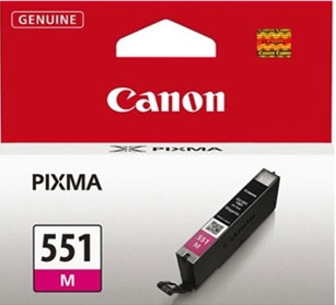 Cartouche d'encre magenta Canon Pixma 551 M, dans une boîte rouge et blanche.