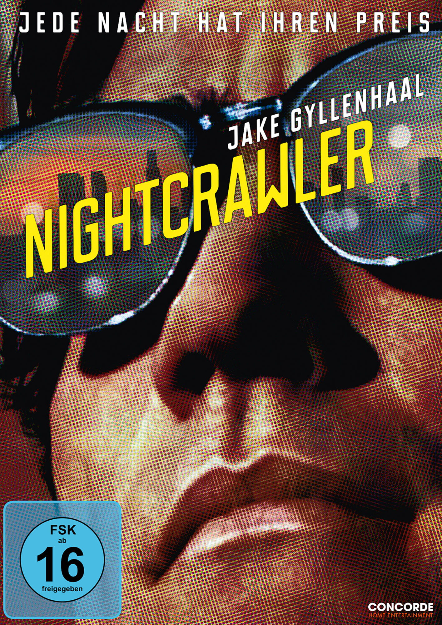 Filmcover: Jake Gyllenhaal mit Sonnenbrille, die eine Stadt reflektiert, Titel 'Nightcrawler'.