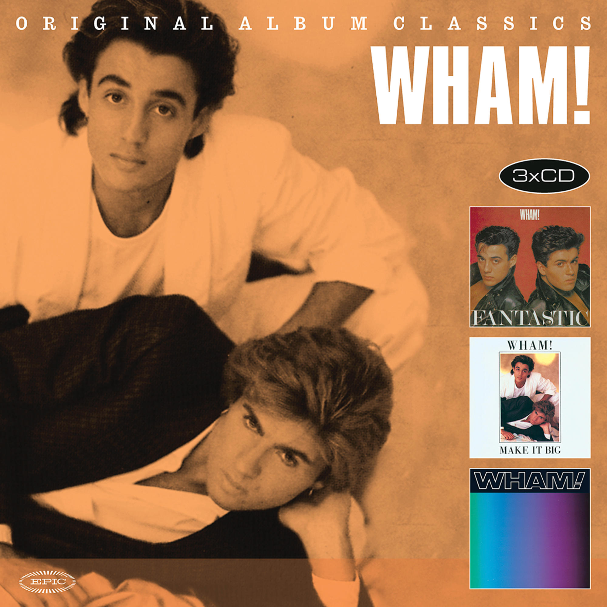 Wham! Musikalbumcover, mit zwei Männern, mehreren Albumcovern und dem Epic-Logo.