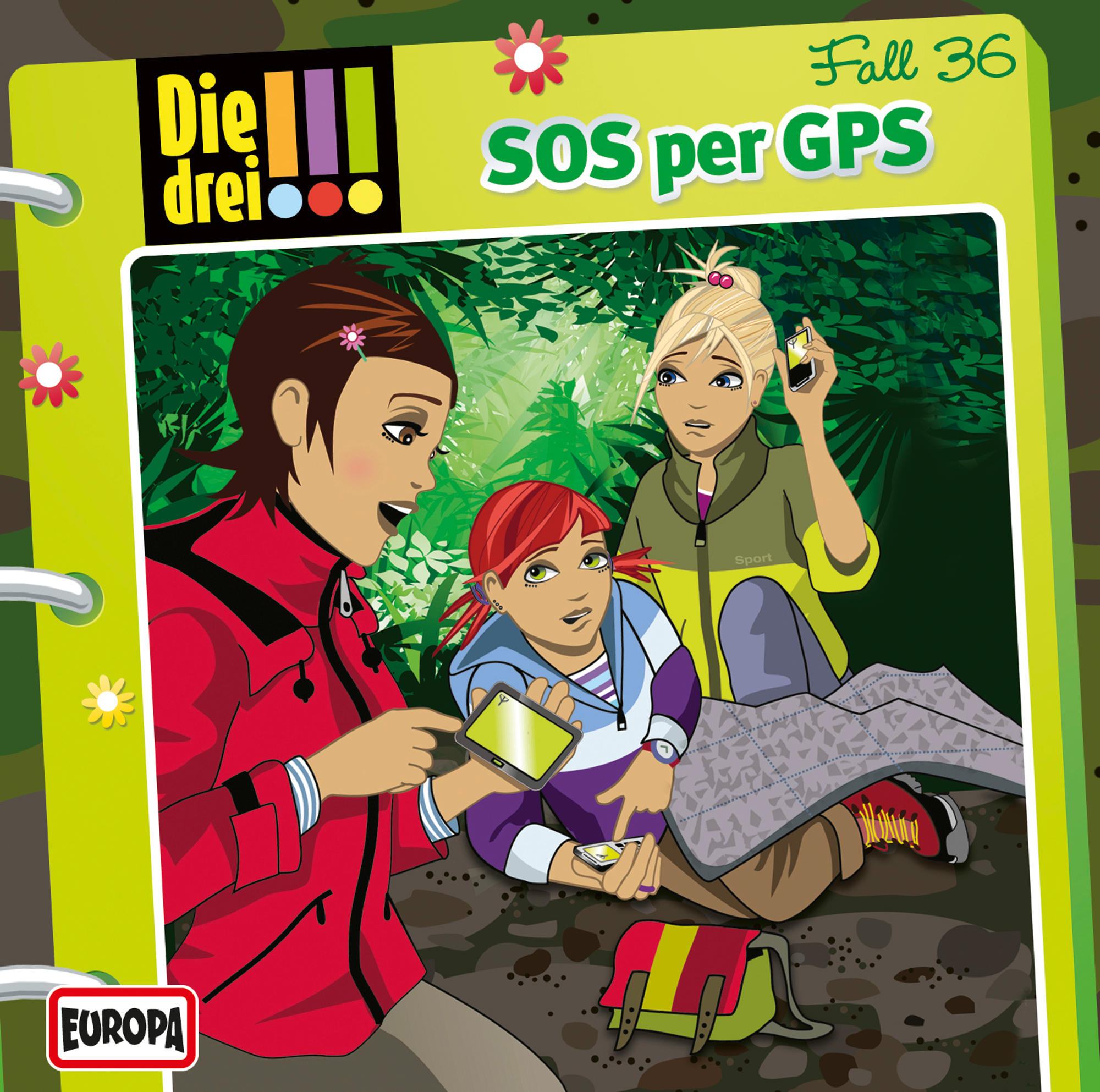 Drei junge Mädchen im Wald, die ein Telefon und eine Karte benutzen, mit dem Titel SOS per GPS.