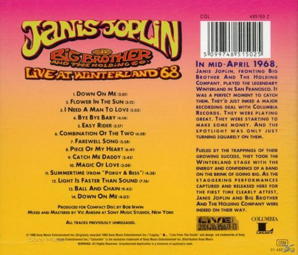Rückseite eines Janis Joplin Albums mit Titelliste und Text, gelb-brauner Hintergrund.