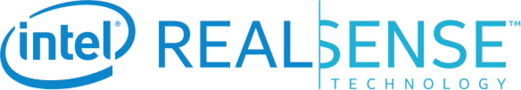 Logotipo de Intel RealSense Technology, texto azul y blanco sobre fondo negro.