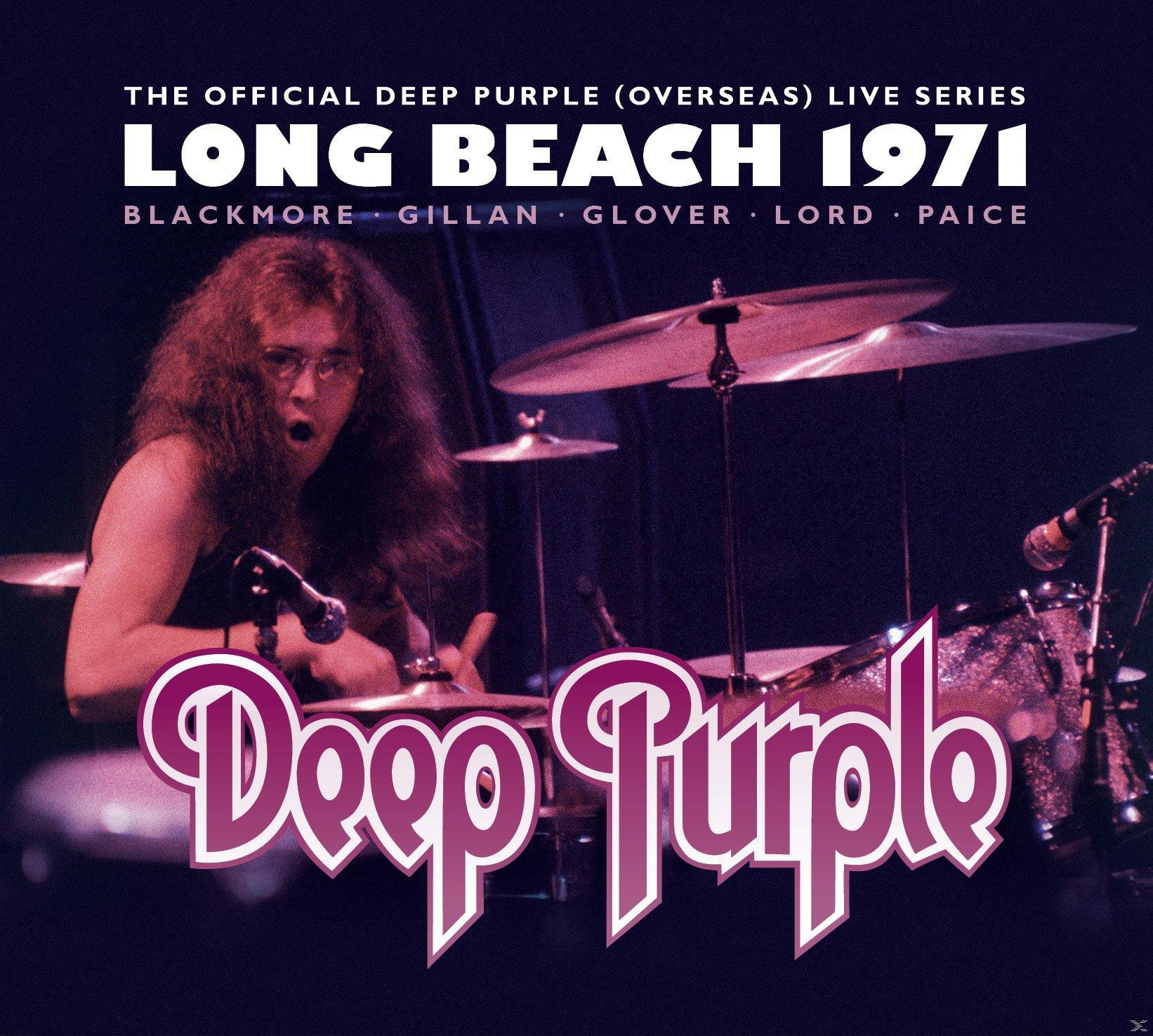 A Deep Purple zenekar élőben, a dobos a középpontban. A zenekar neve és a 'Long Beach 1971' szöveg.