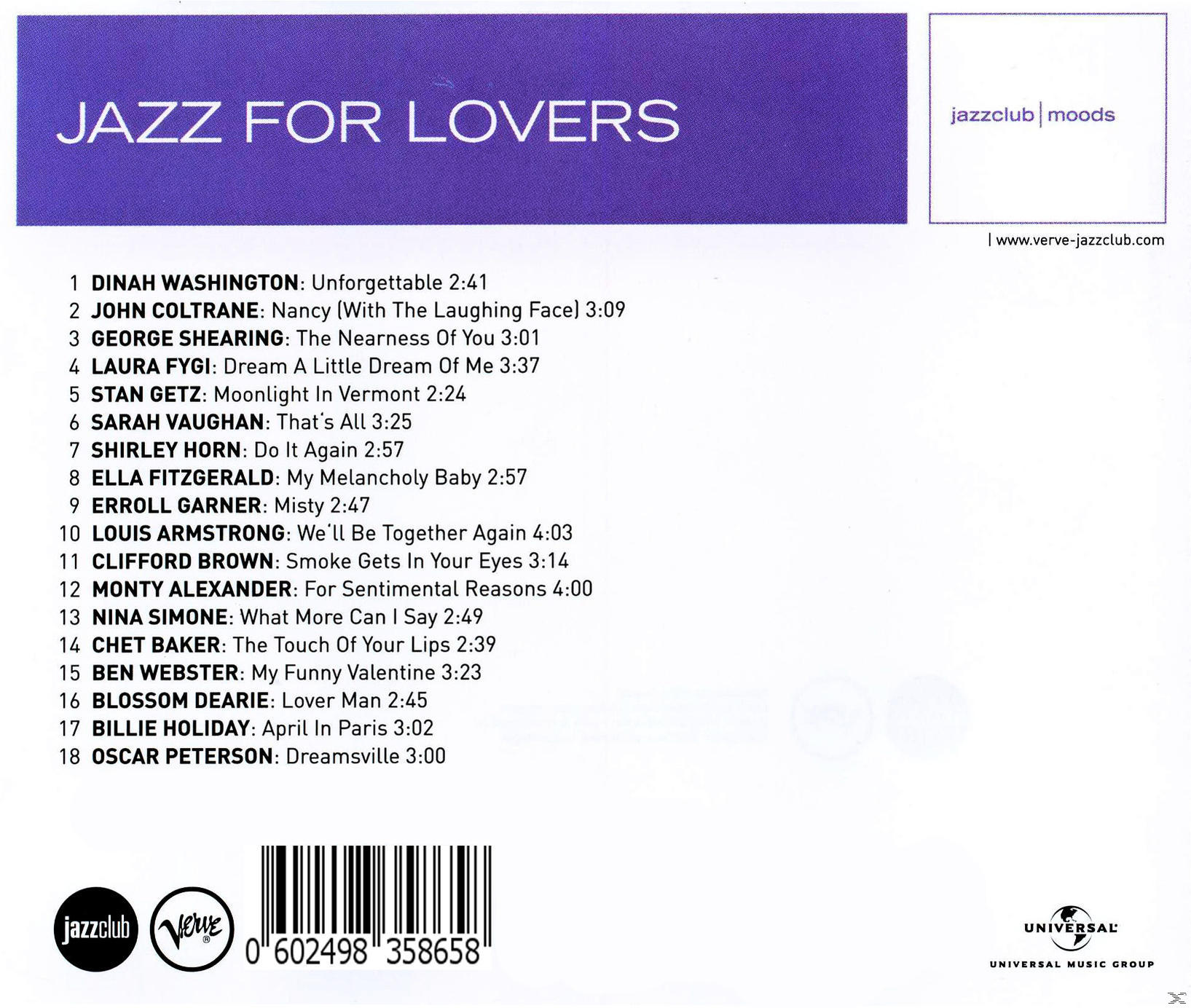 Pochette d'album avec fond violet et une liste de chansons et d'artistes de jazz. 'Jazz for Lovers' en haut.