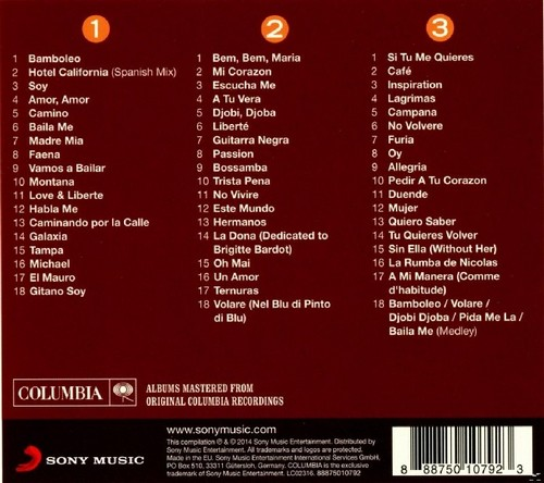 Albumcover mit Titellisten in drei Spalten auf braunem Hintergrund. Sony Music Logo.