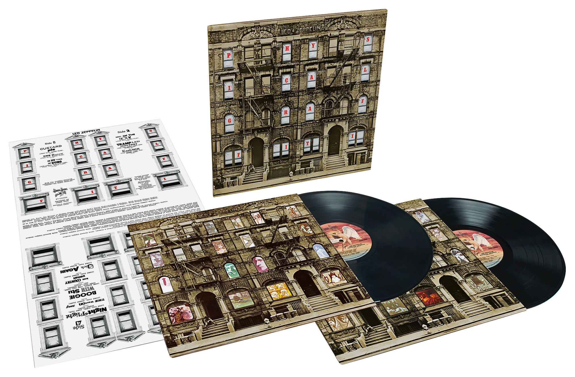 Led Zeppelin albumhoes met een gebouwgevel. Meerdere vinylplaten zijn zichtbaar.
