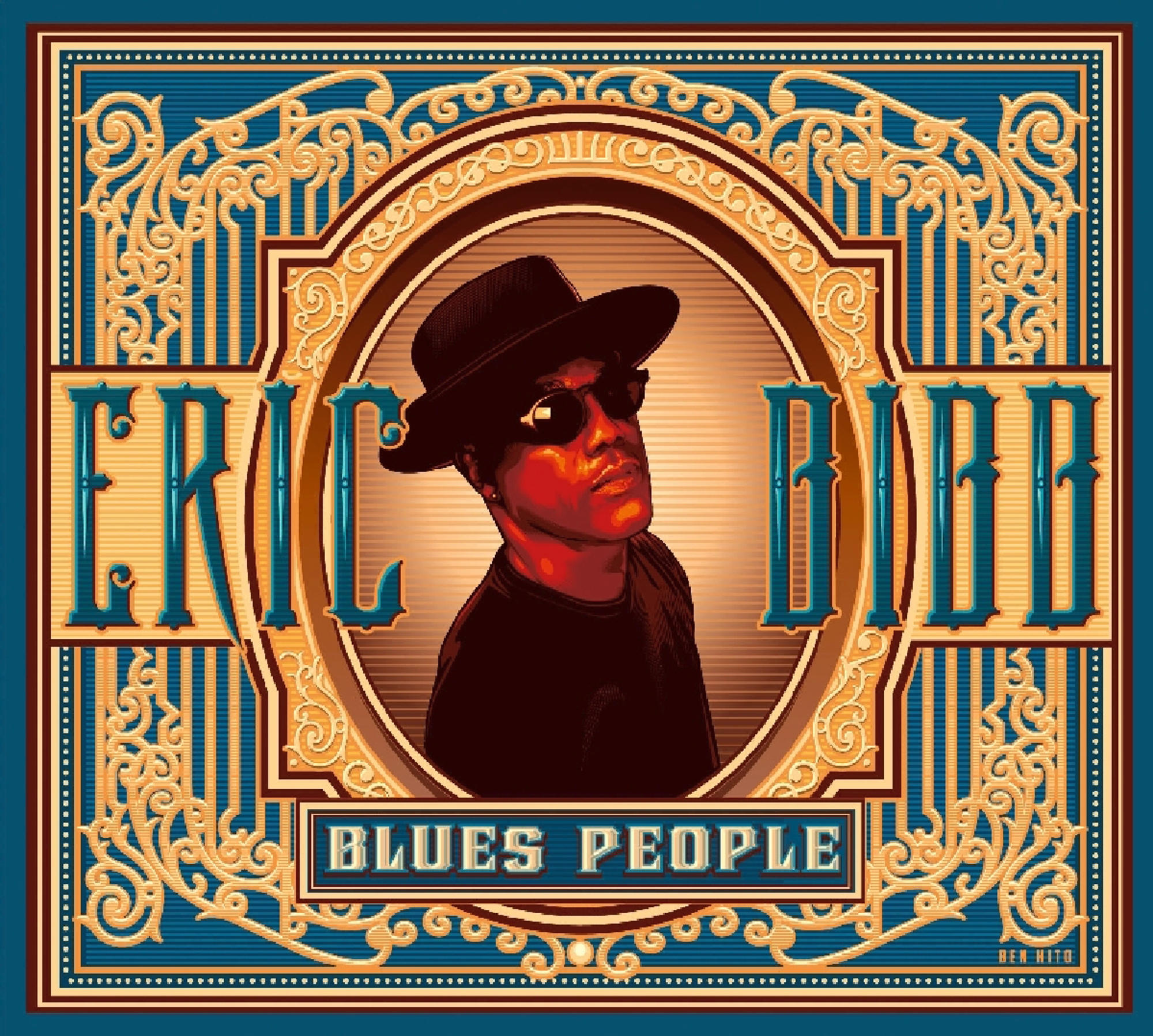 Albumcover eines Mannes mit Sonnenbrille und Hut. Die Wörter Eric Bibb und Blues People sind vorhanden.