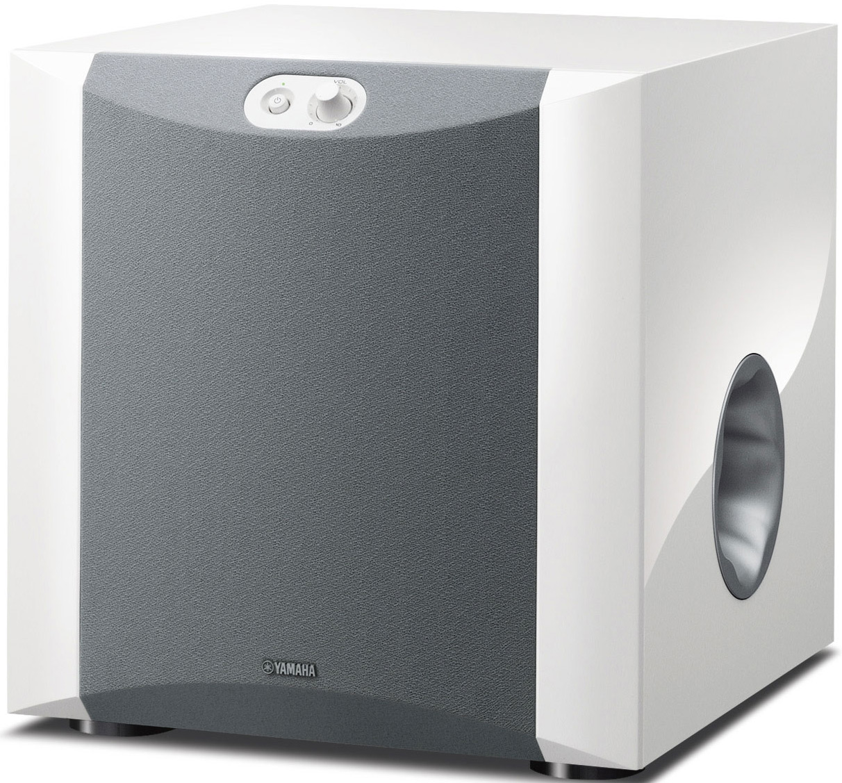 Witte en grijze subwoofer met bedieningspaneel en ronde speakerpoort.