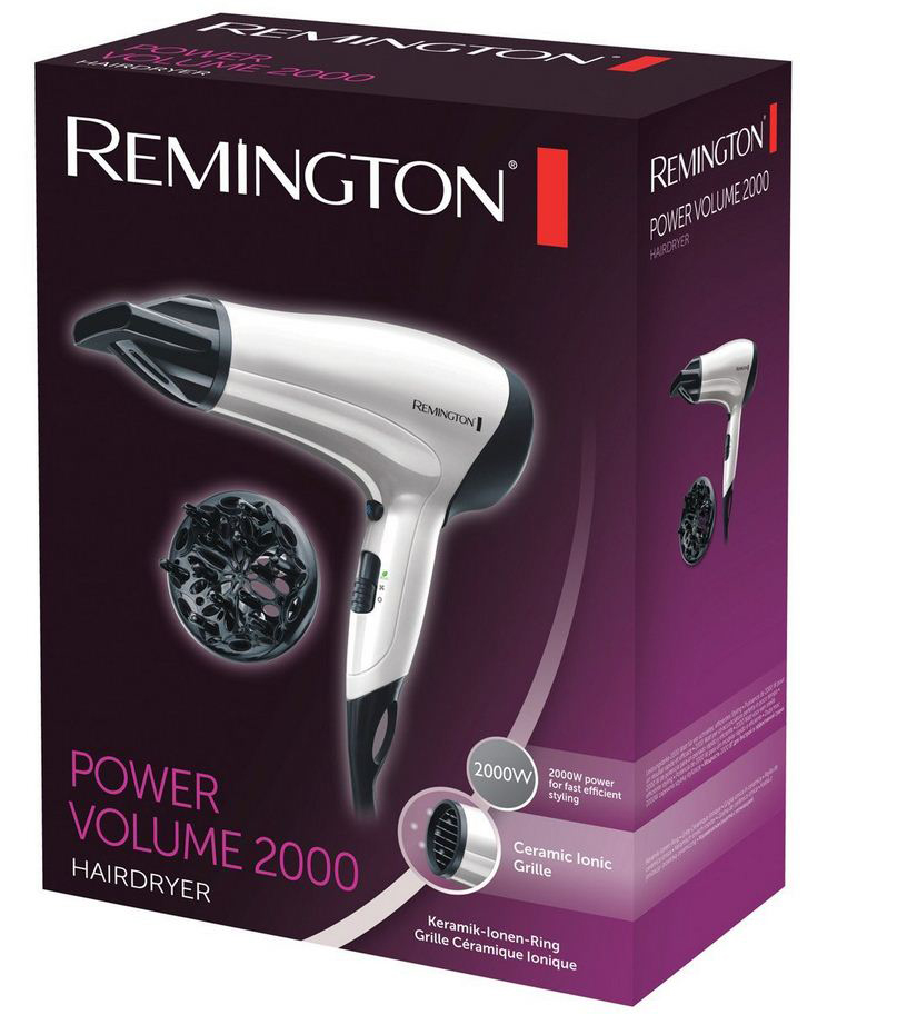 Un sèche-cheveux Remington Power Volume 2000 blanc et noir sur une boîte violette. Le texte comprend 'Remington' et 'Power Volume 2000'.