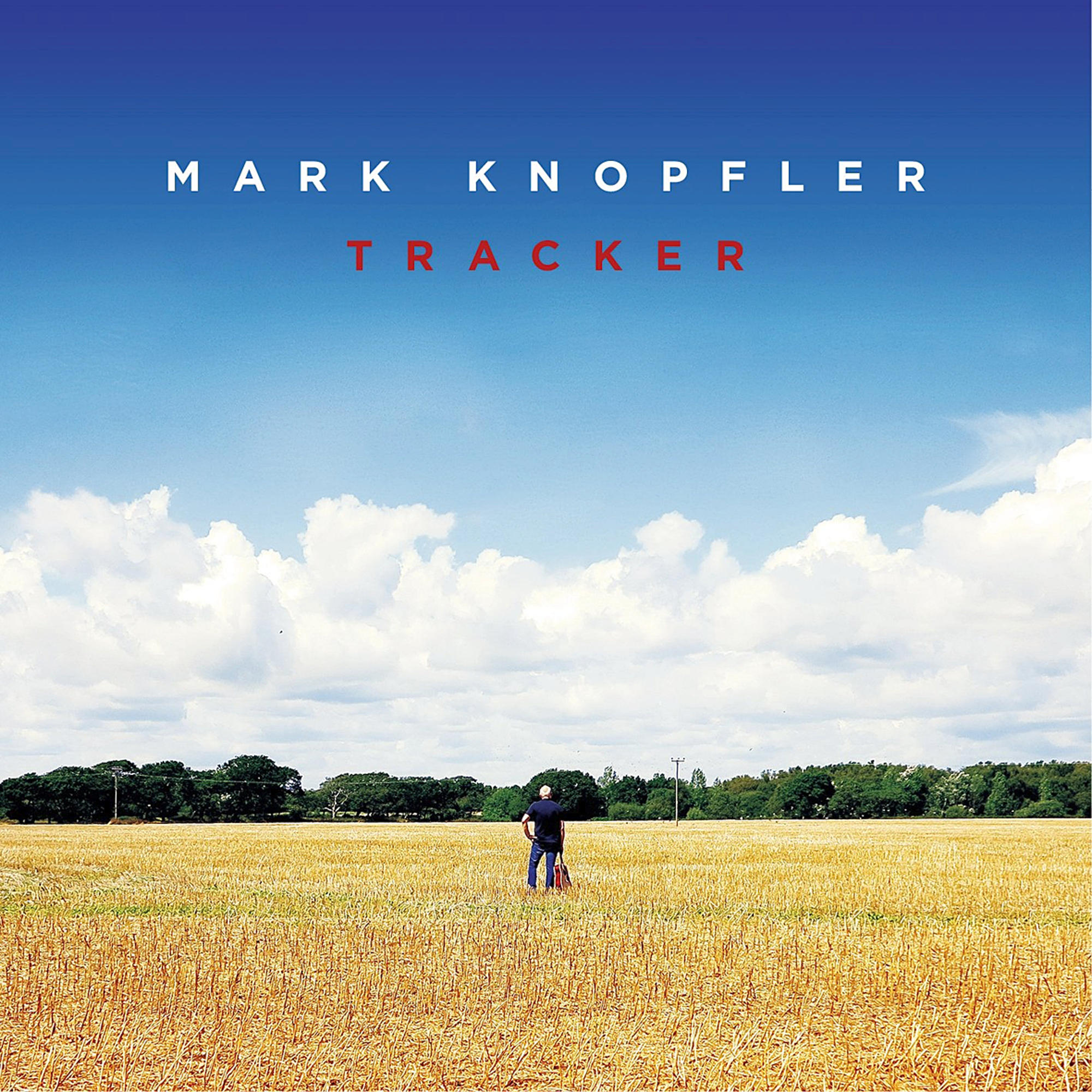 Albumcover von Mark Knopfler's 'Tracker', ein Mann auf dem Feld, blauer Himmel mit Wolken.