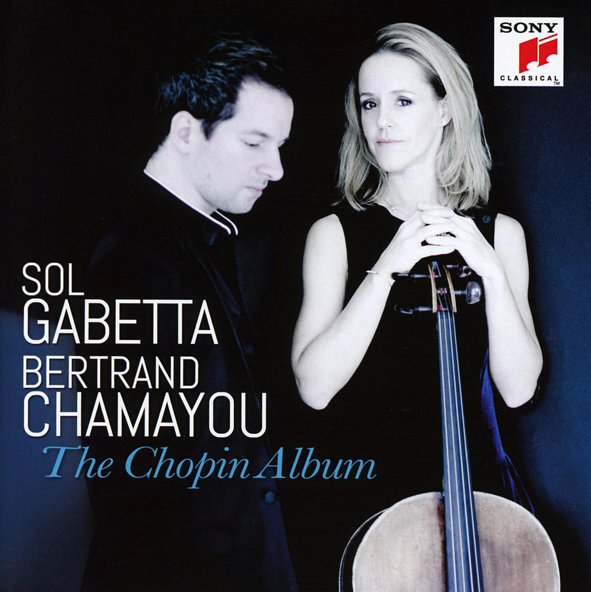 Albumcover mit einem Mann und einer Frau mit Cello. Text: Sol Gabetta, Bertrand Chamayou, The Chopin Album.