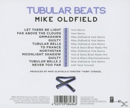 CD-Cover mit Trackliste. Der Titel ist Tubular Beats von Mike Oldfield. Weißer Hintergrund.