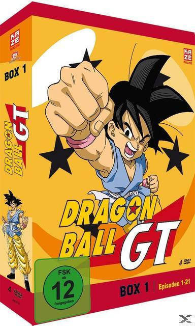 Dragon Ball GT DVD-Box-Set. Enthält Goku in Kampfpose, mit Text und Sternen.
