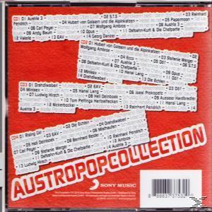 Austropop Collection CD. Die Rückseite hat Titellisten mit weißem Text auf rotem Hintergrund.